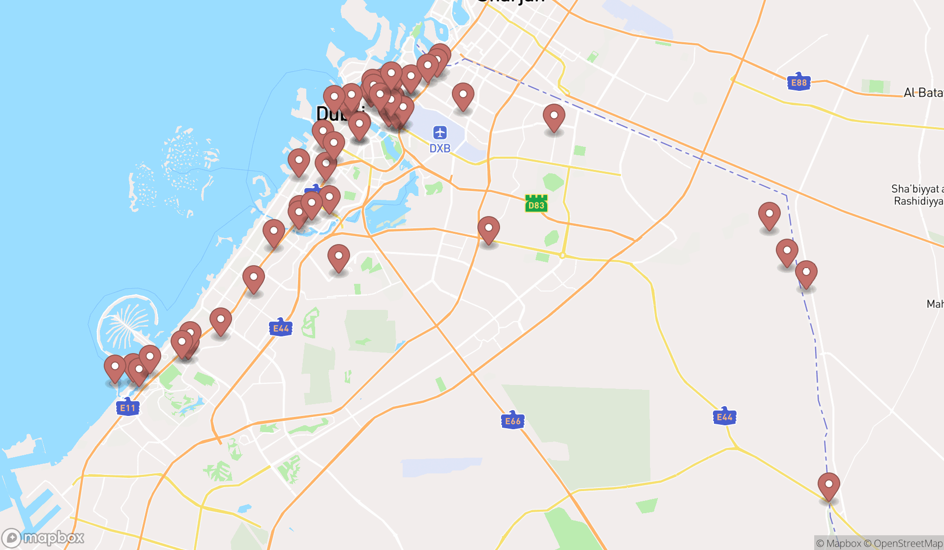 Map showing the search results in Dubai