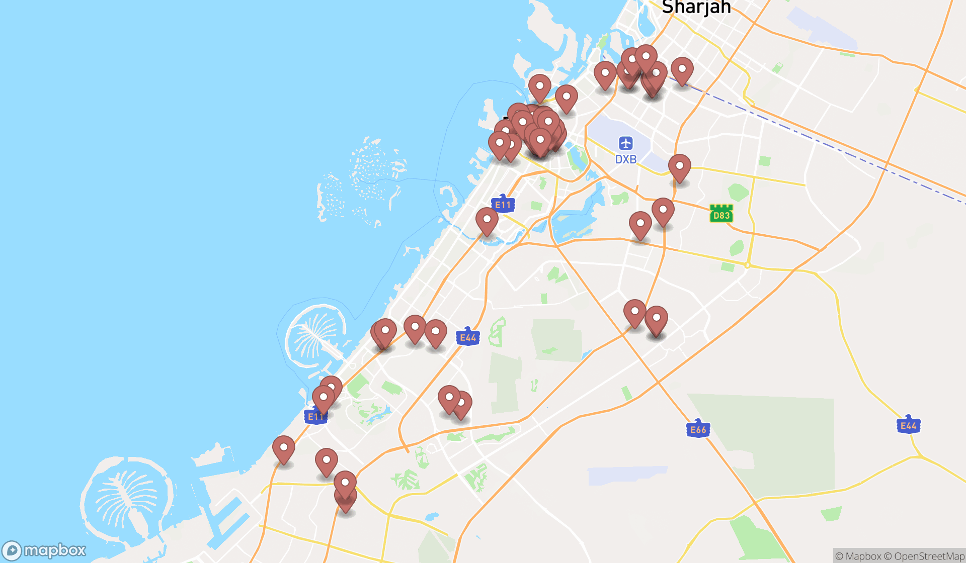 Map showing the search results in Dubai