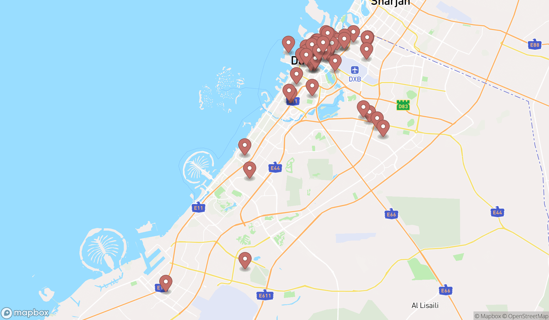 Map showing the search results in Dubai
