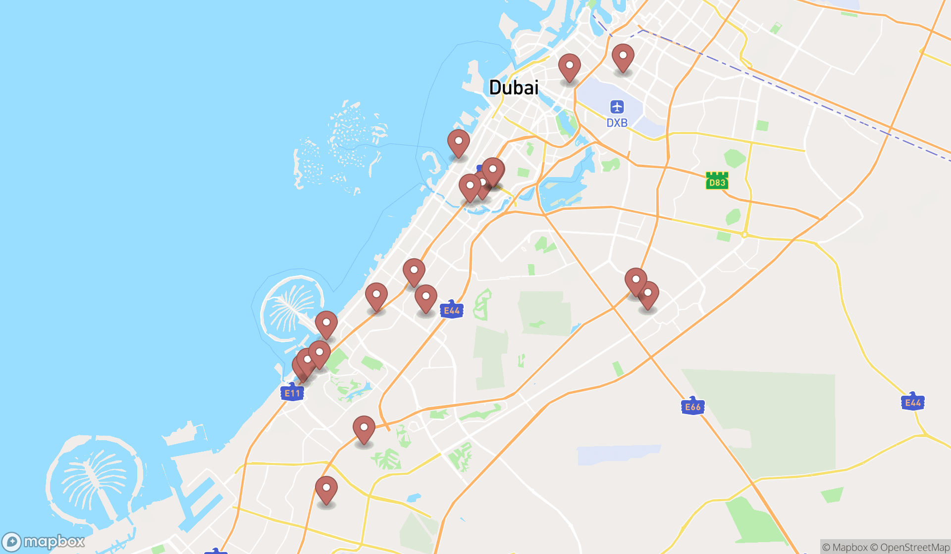 Map showing the search results in Dubai