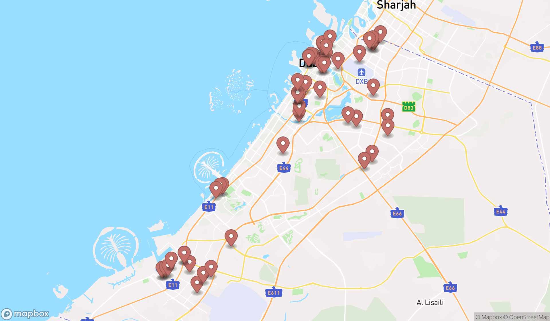 Map showing the search results in Dubai