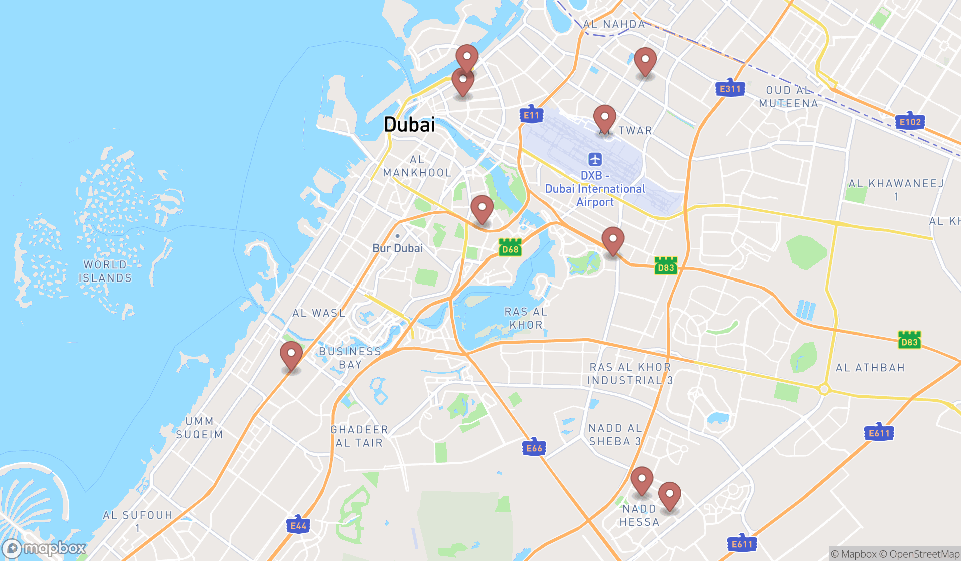 Map showing the search results in Dubai