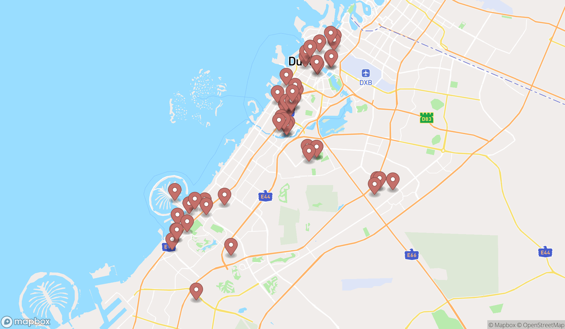 Map showing the search results in Dubai