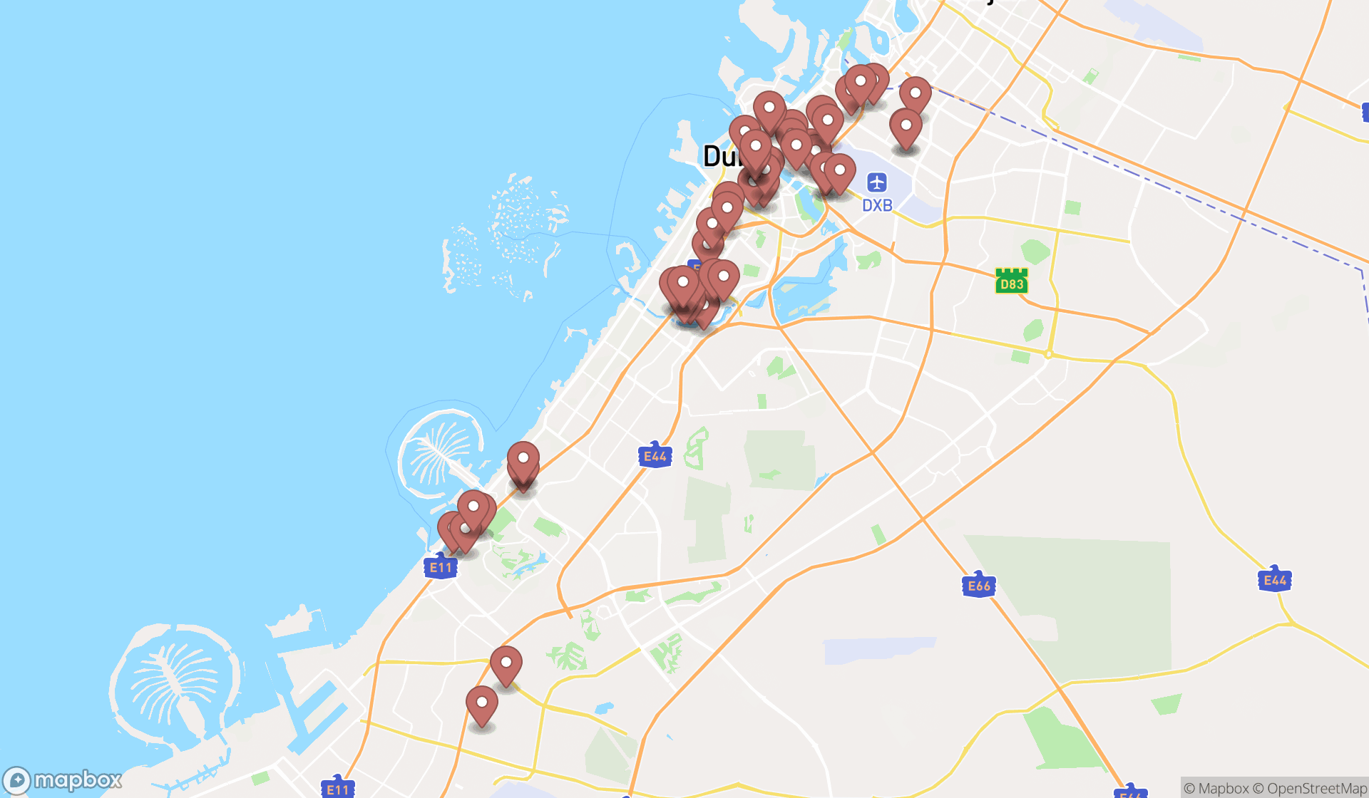 Map showing the search results in Dubai