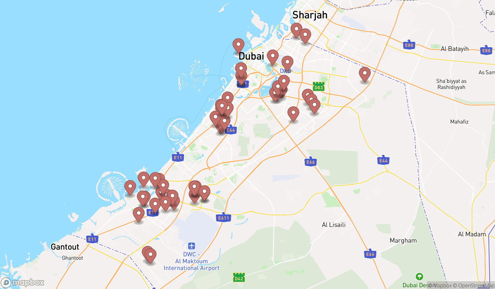 Map showing the search results in Dubai