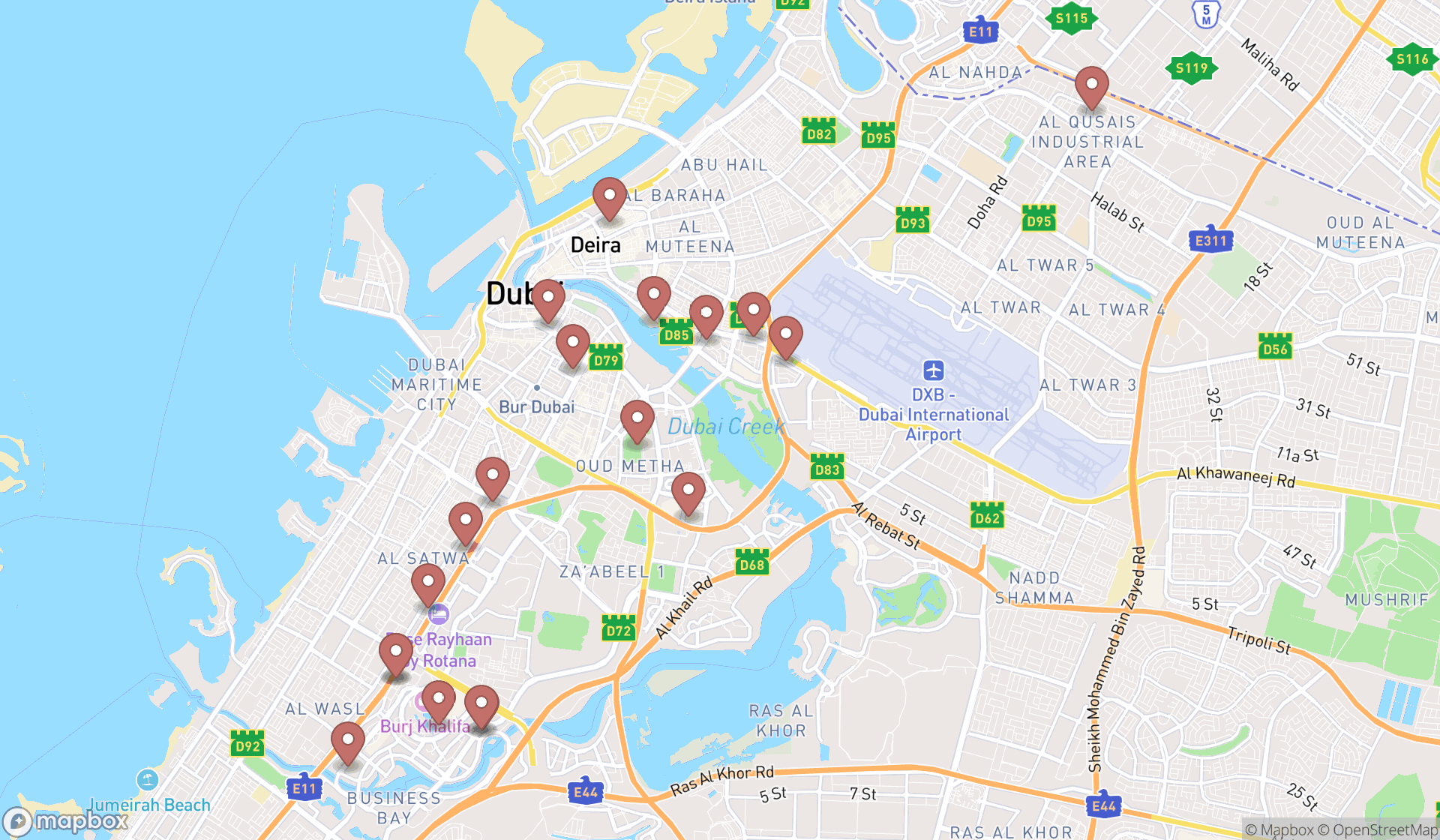 Map showing the search results in Dubai
