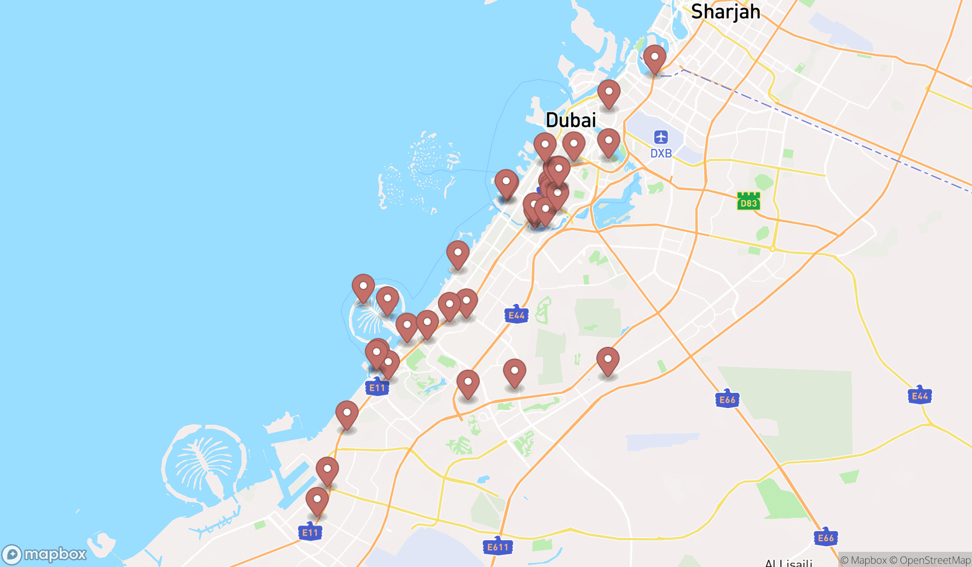 Map showing the search results in Dubai