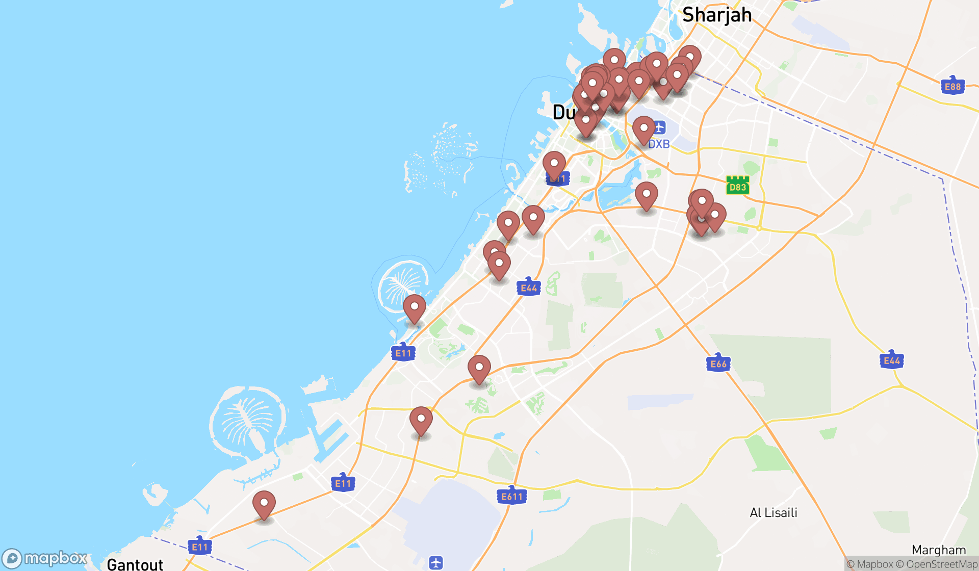 Map showing the search results in Dubai