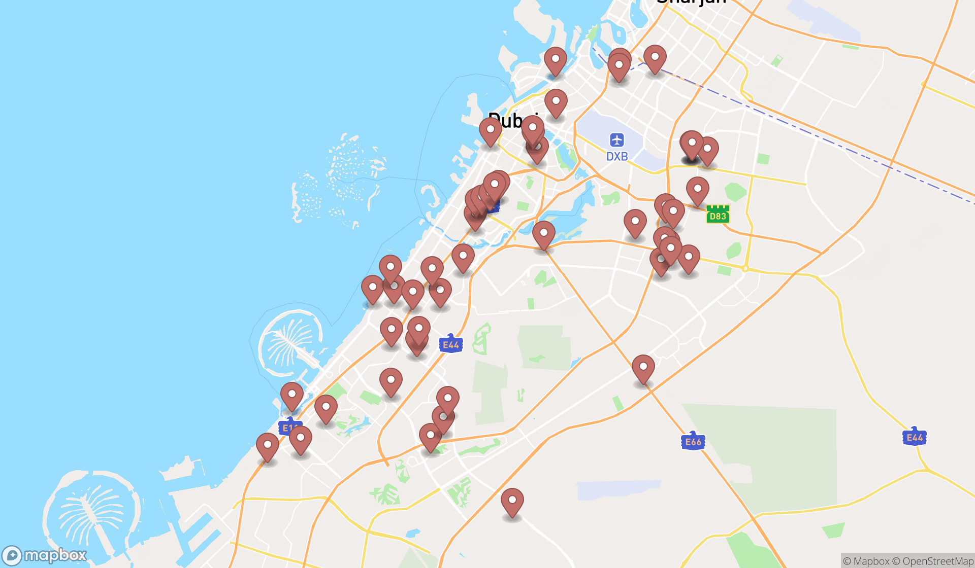 Map showing the search results in Dubai