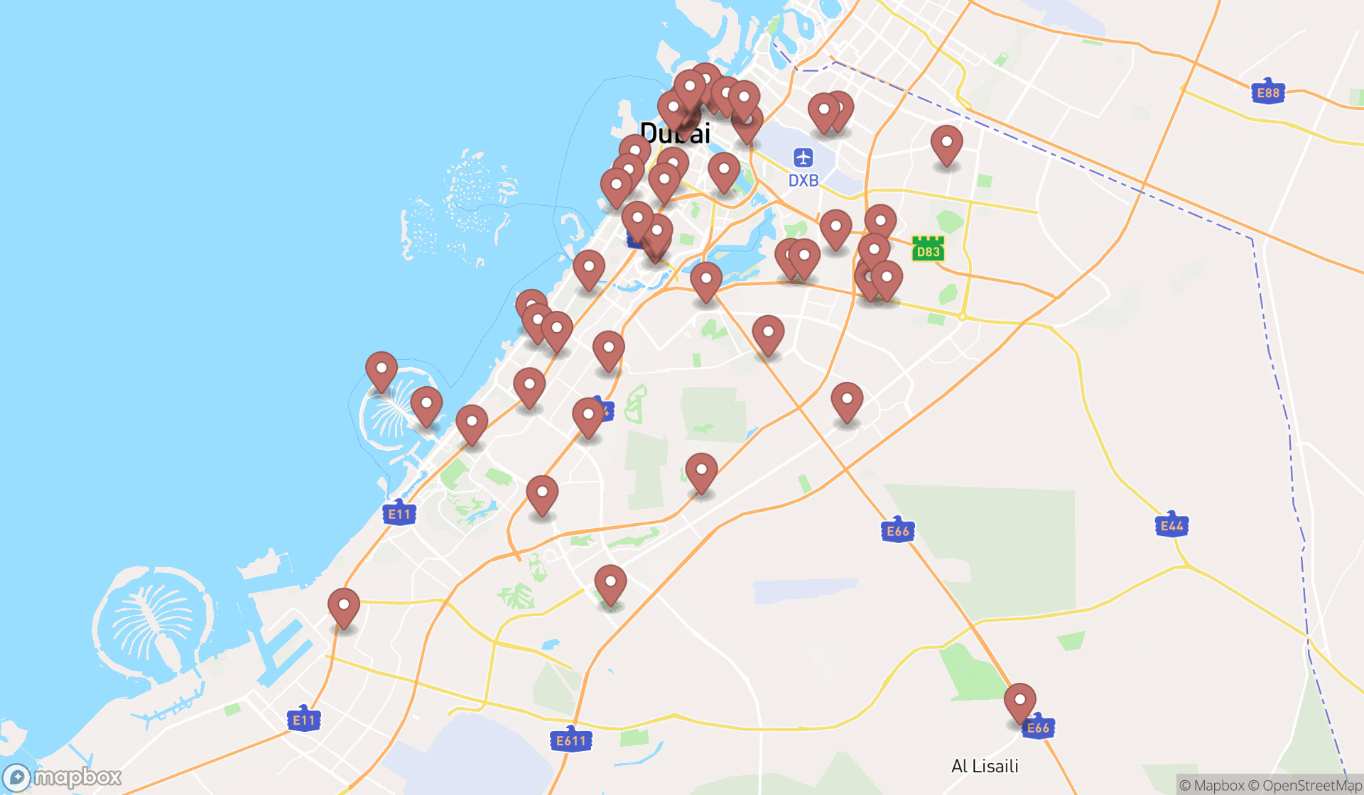 Map showing the search results in Dubai
