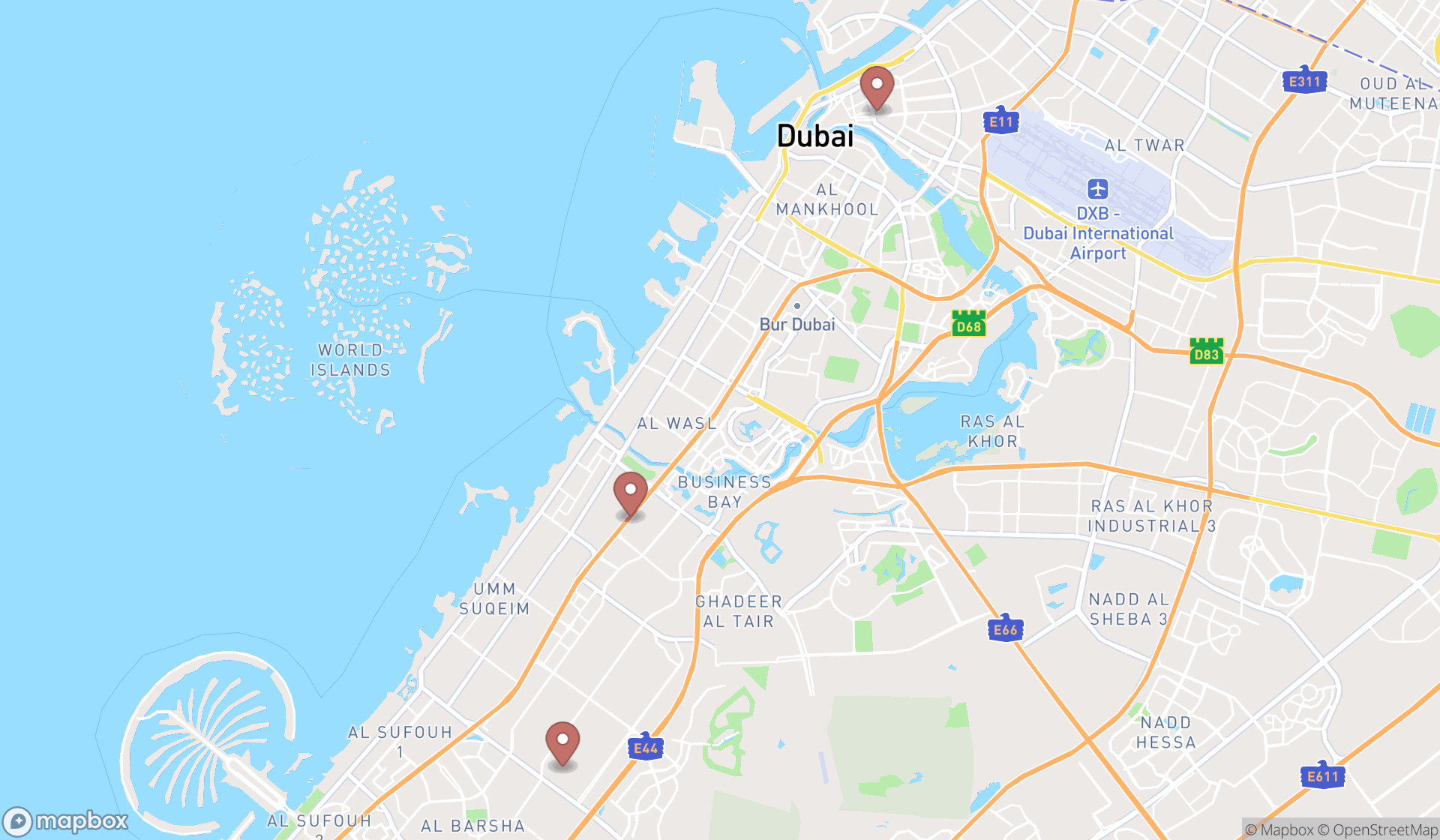 Map showing the search results in Dubai