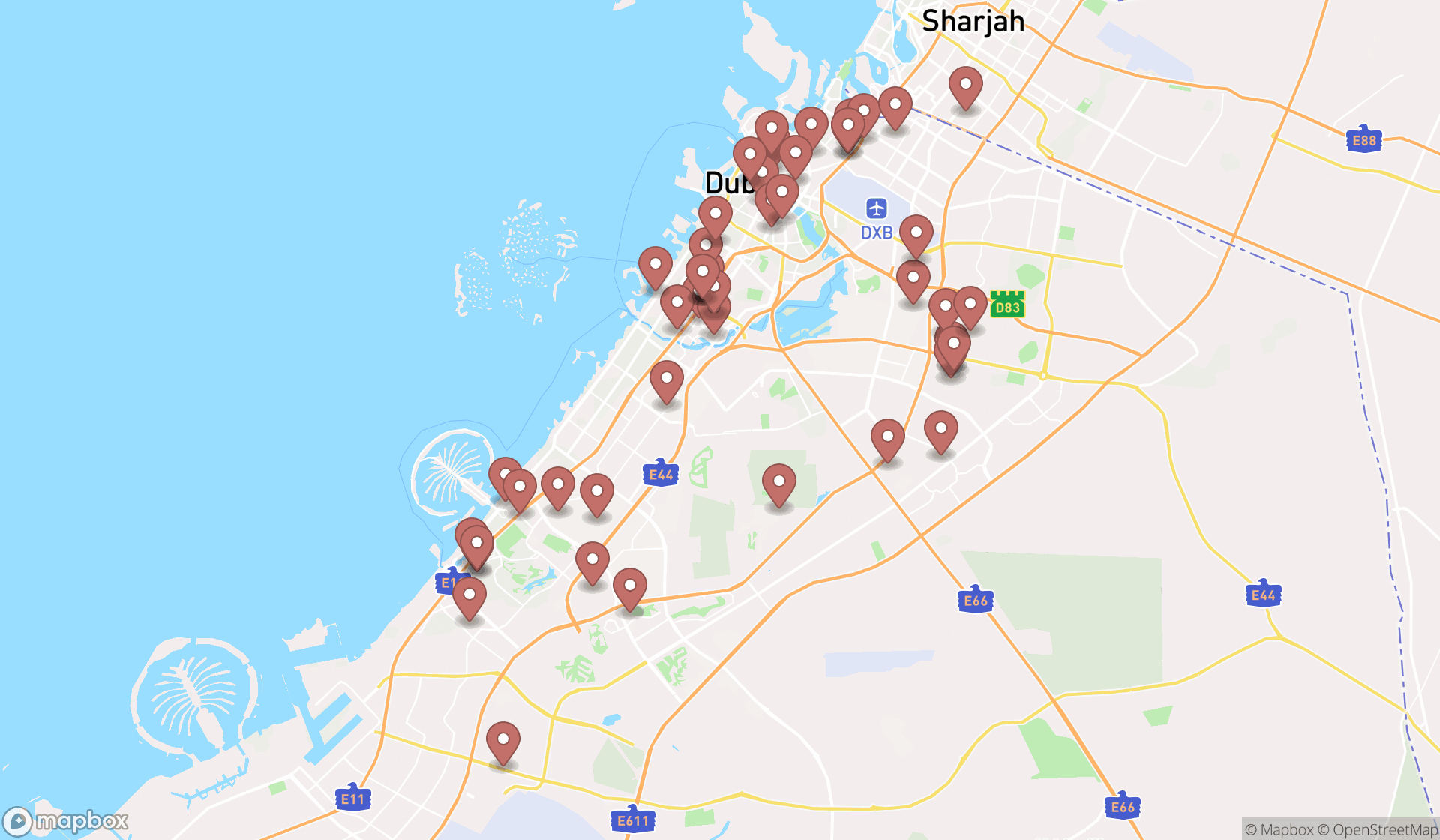 Map showing the search results in Dubai
