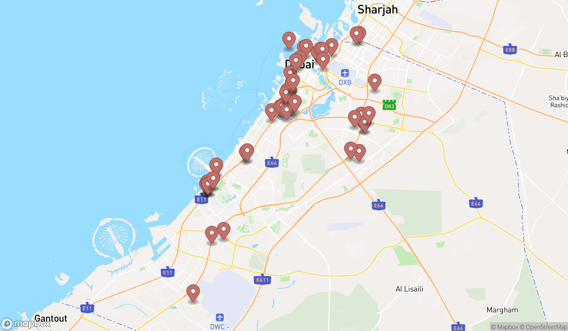 Map showing the search results in Dubai