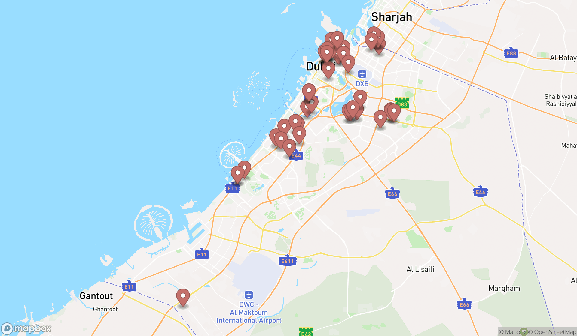 Map showing the search results in Dubai