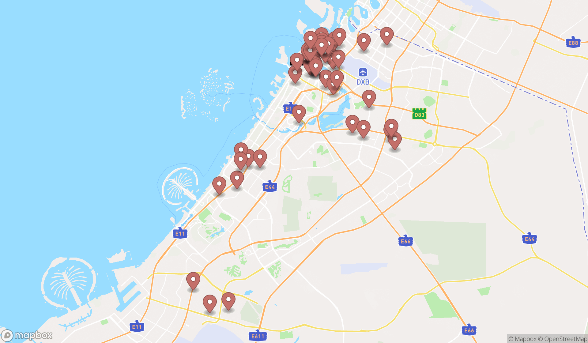 Map showing the search results in Dubai