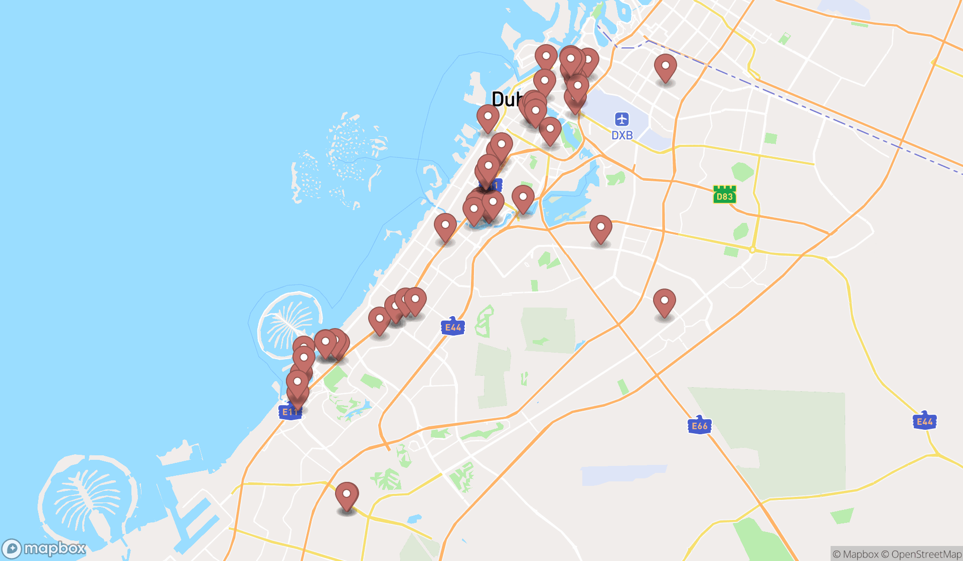 Map showing the search results in Dubai