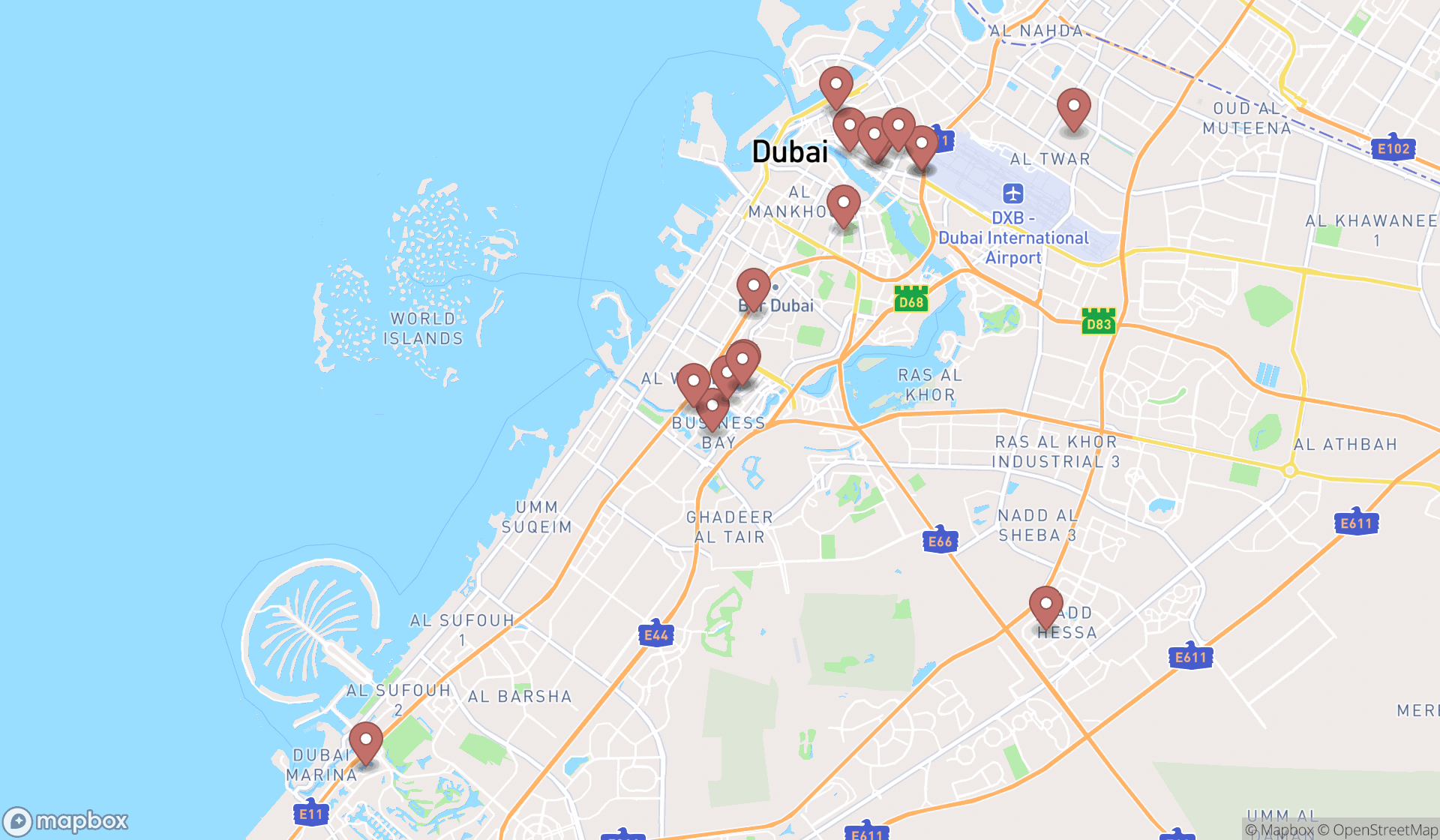 Map showing the search results in Dubai