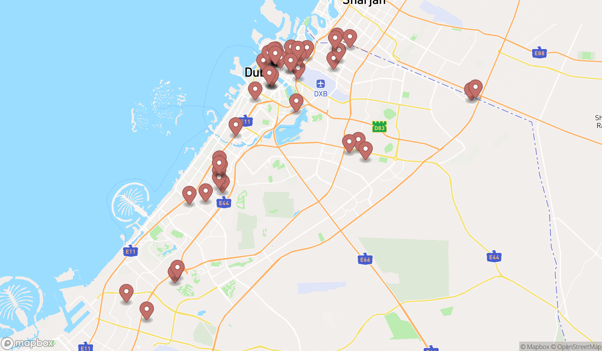 Map showing the search results in Dubai