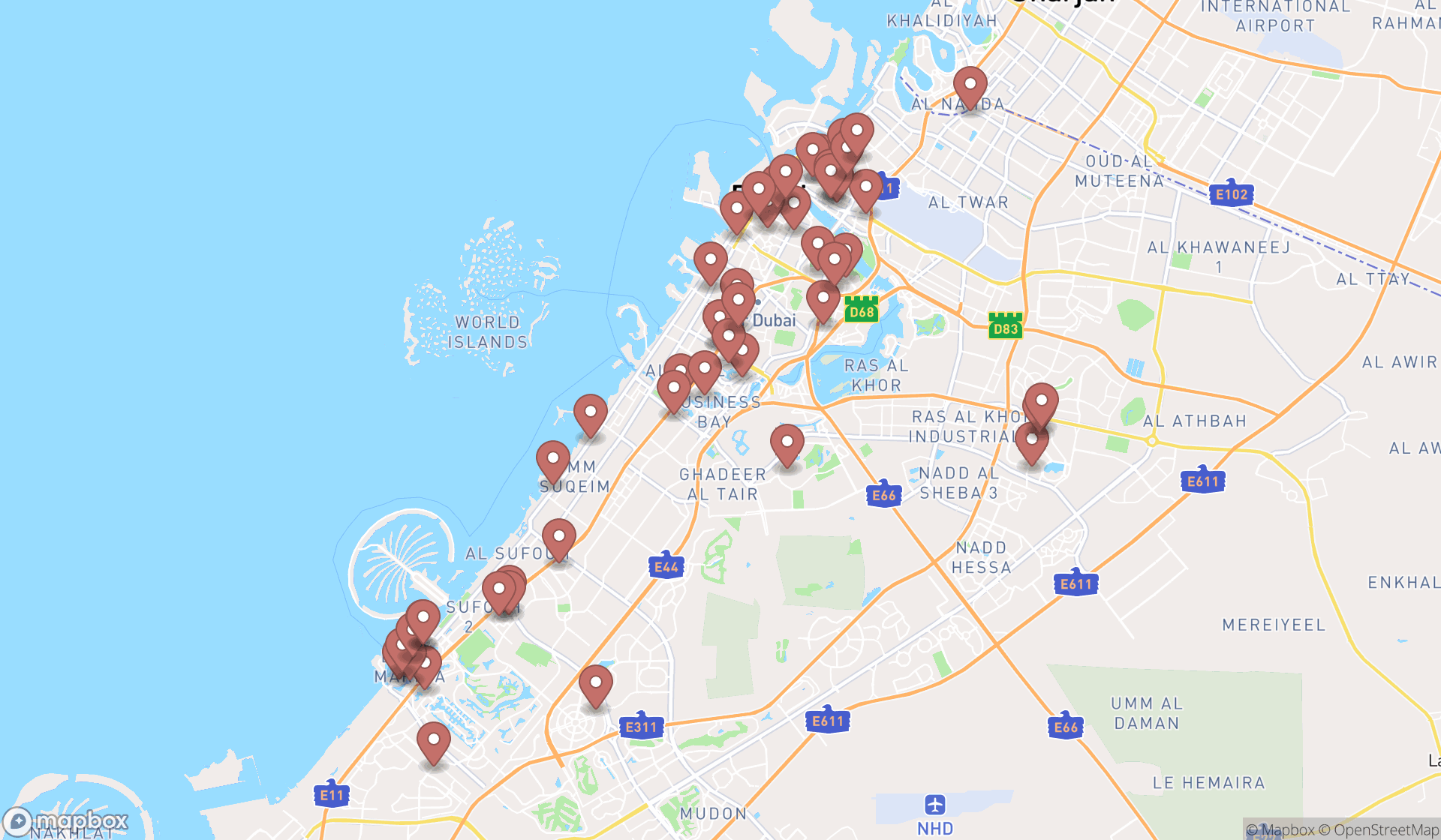 Map showing the search results in Dubai