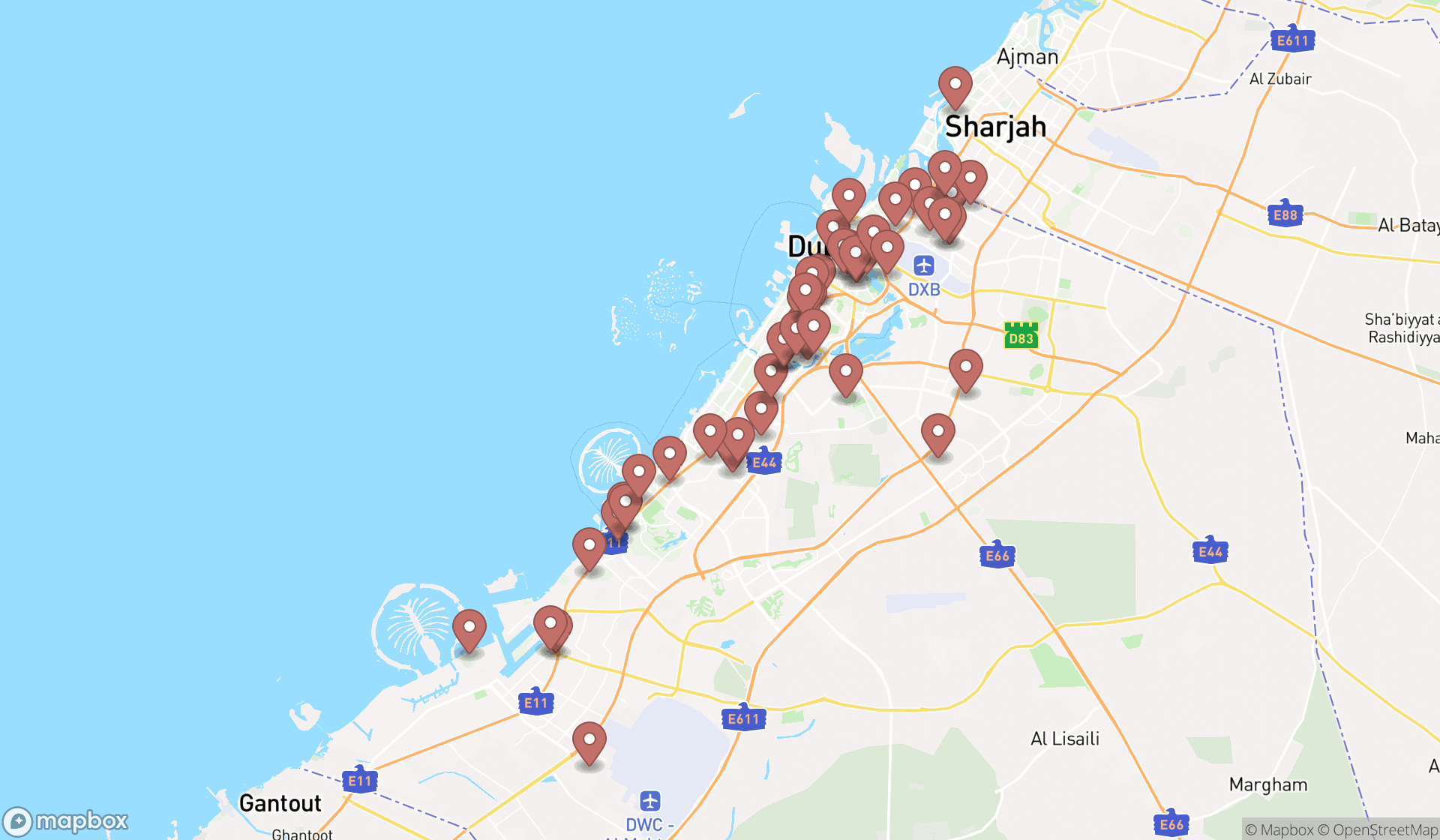 Map showing the search results in Dubai