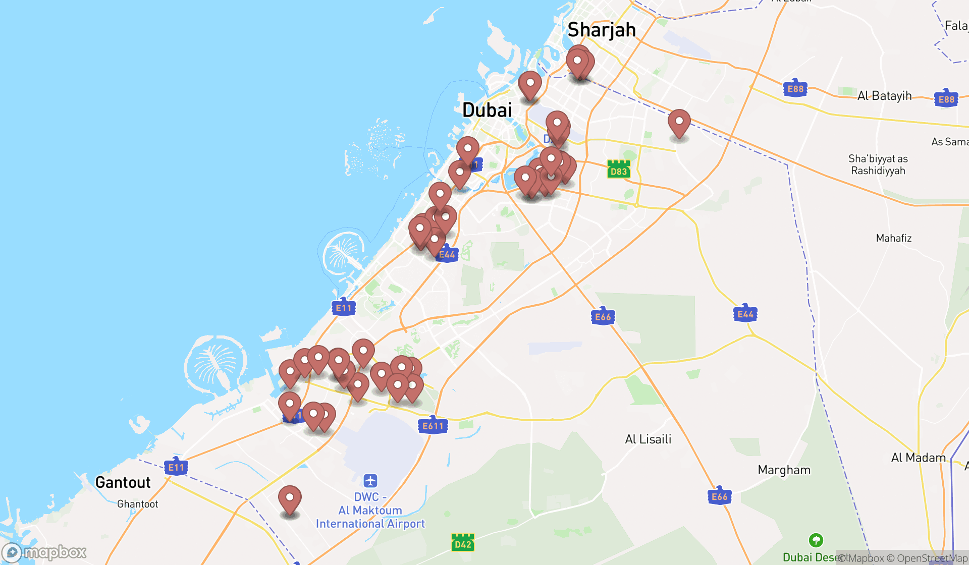 Map showing the search results in Dubai
