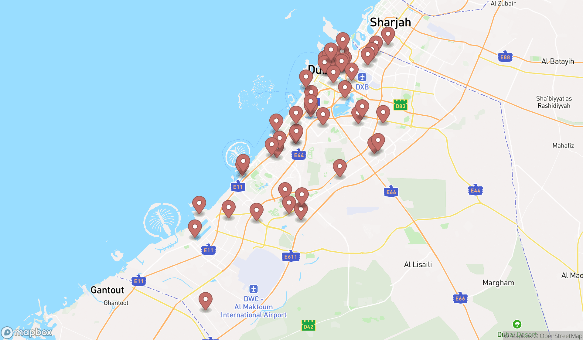 Map showing the search results in Dubai
