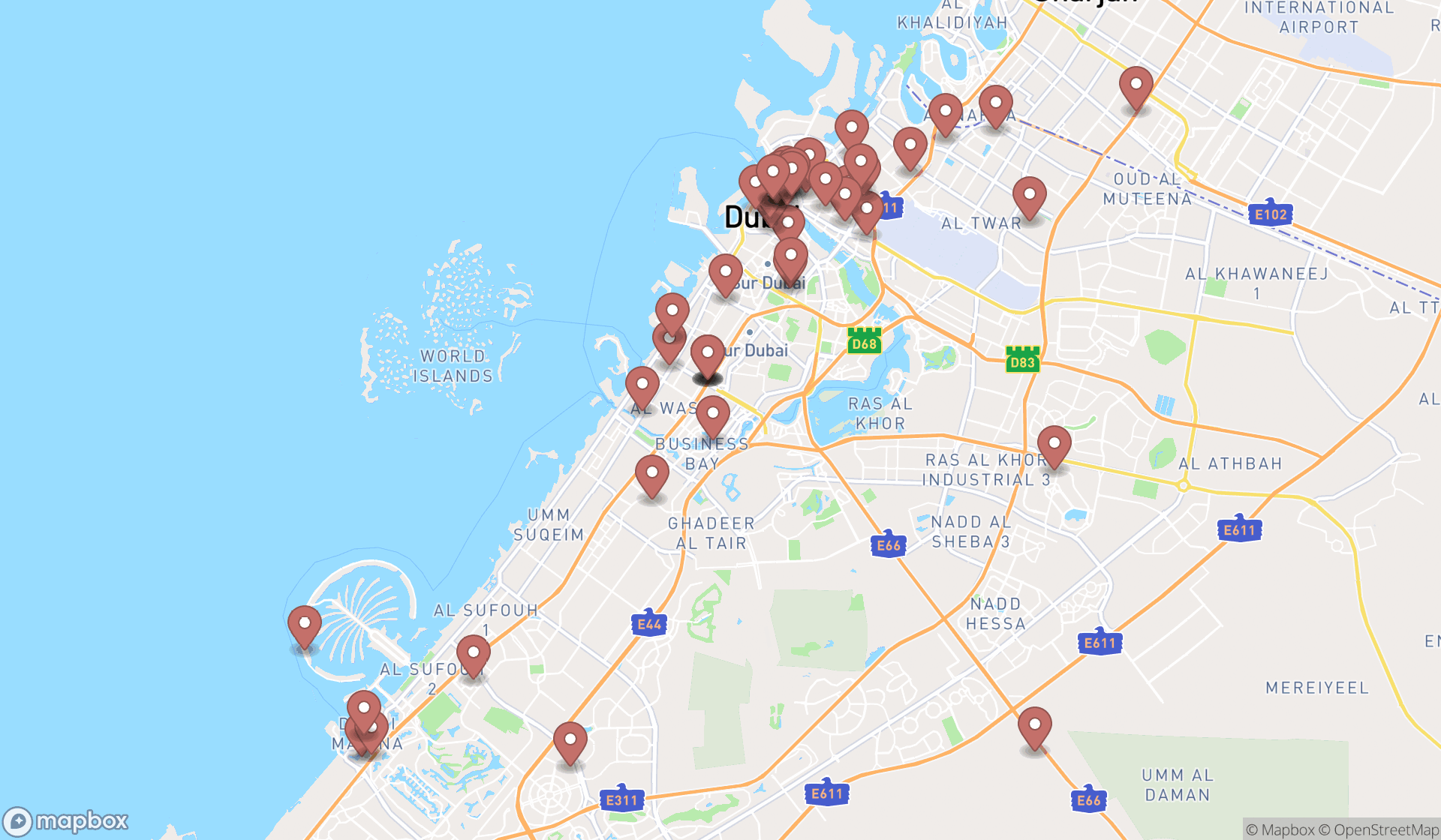 Map showing the search results in Dubai