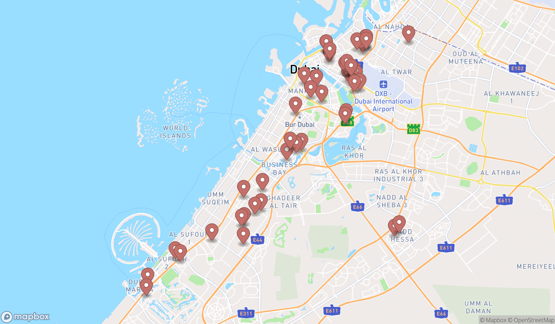 Map showing the search results in Dubai