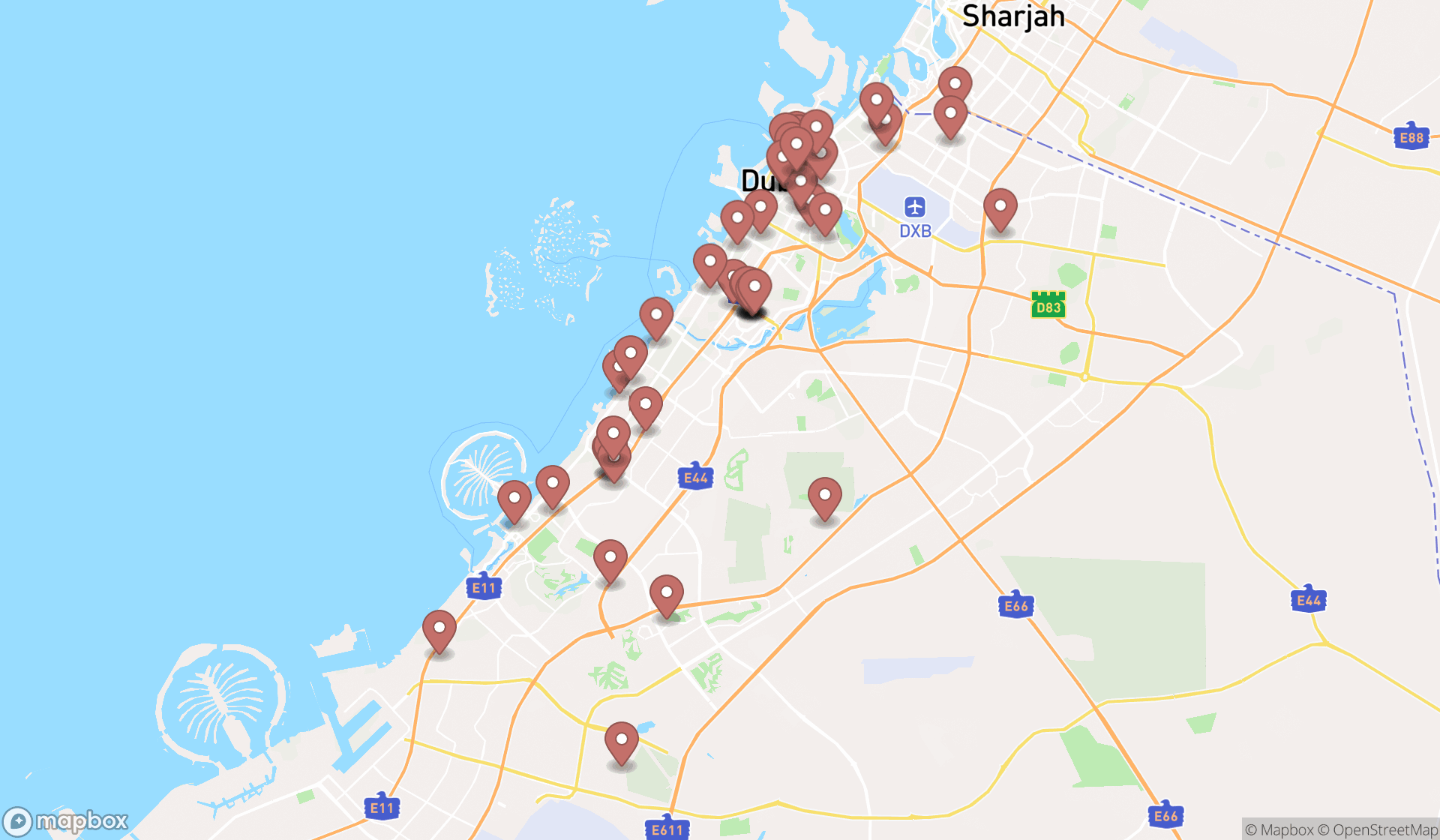 Map showing the search results in Dubai