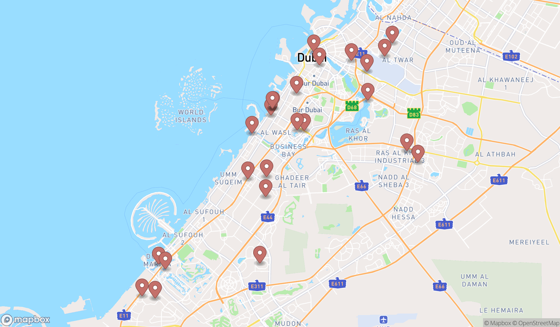 Map showing the search results in Dubai