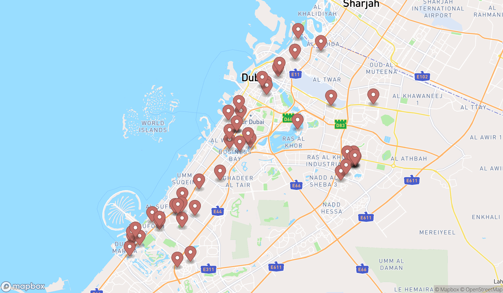 Map showing the search results in Dubai