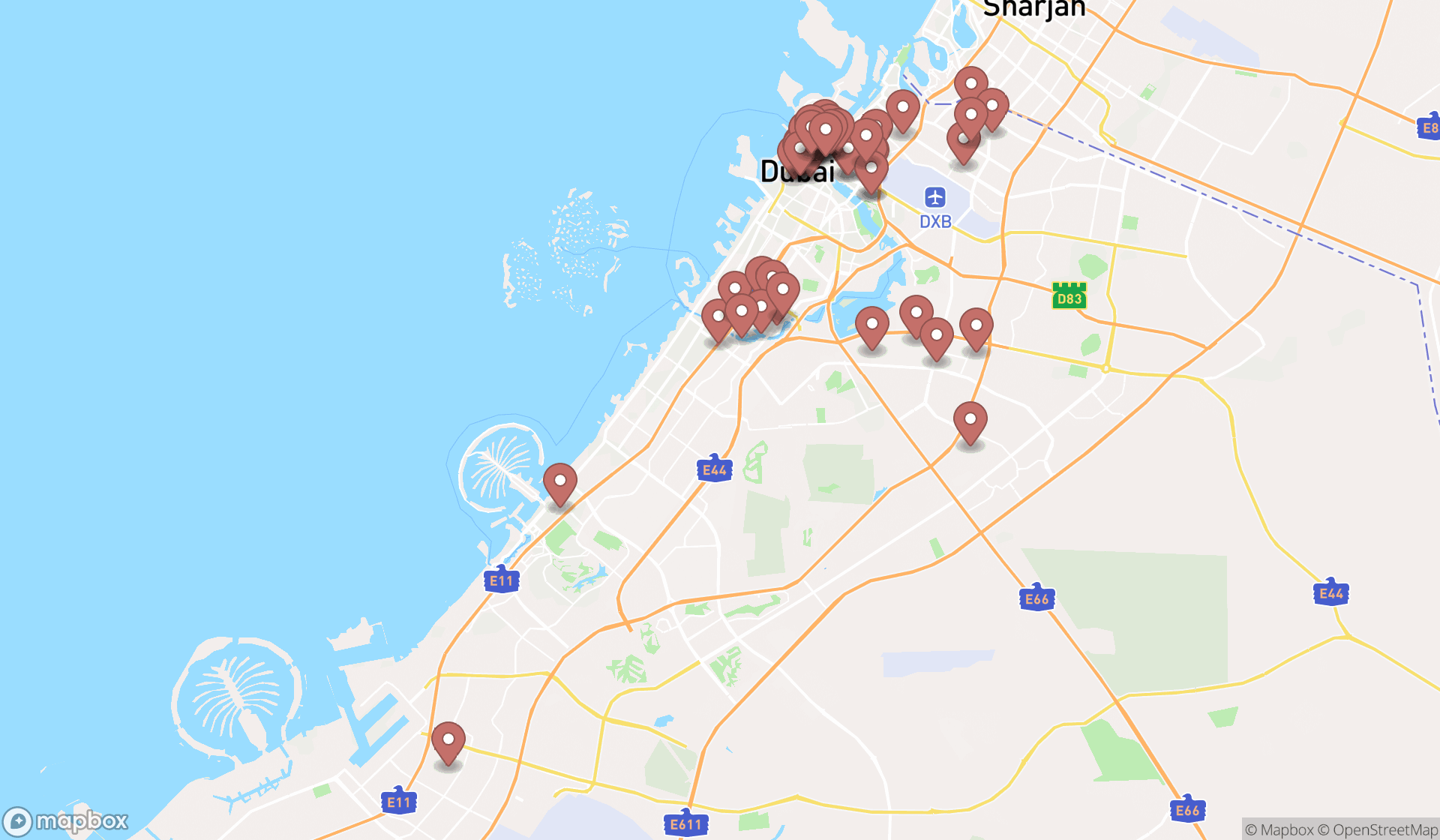 Map showing the search results in Dubai
