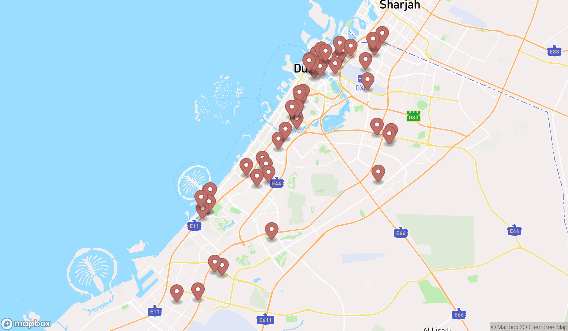 Map showing the search results in Dubai