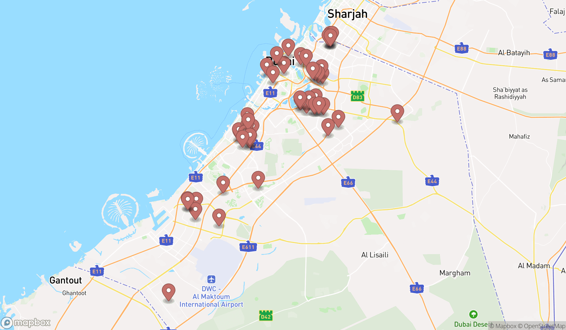 Map showing the search results in Dubai