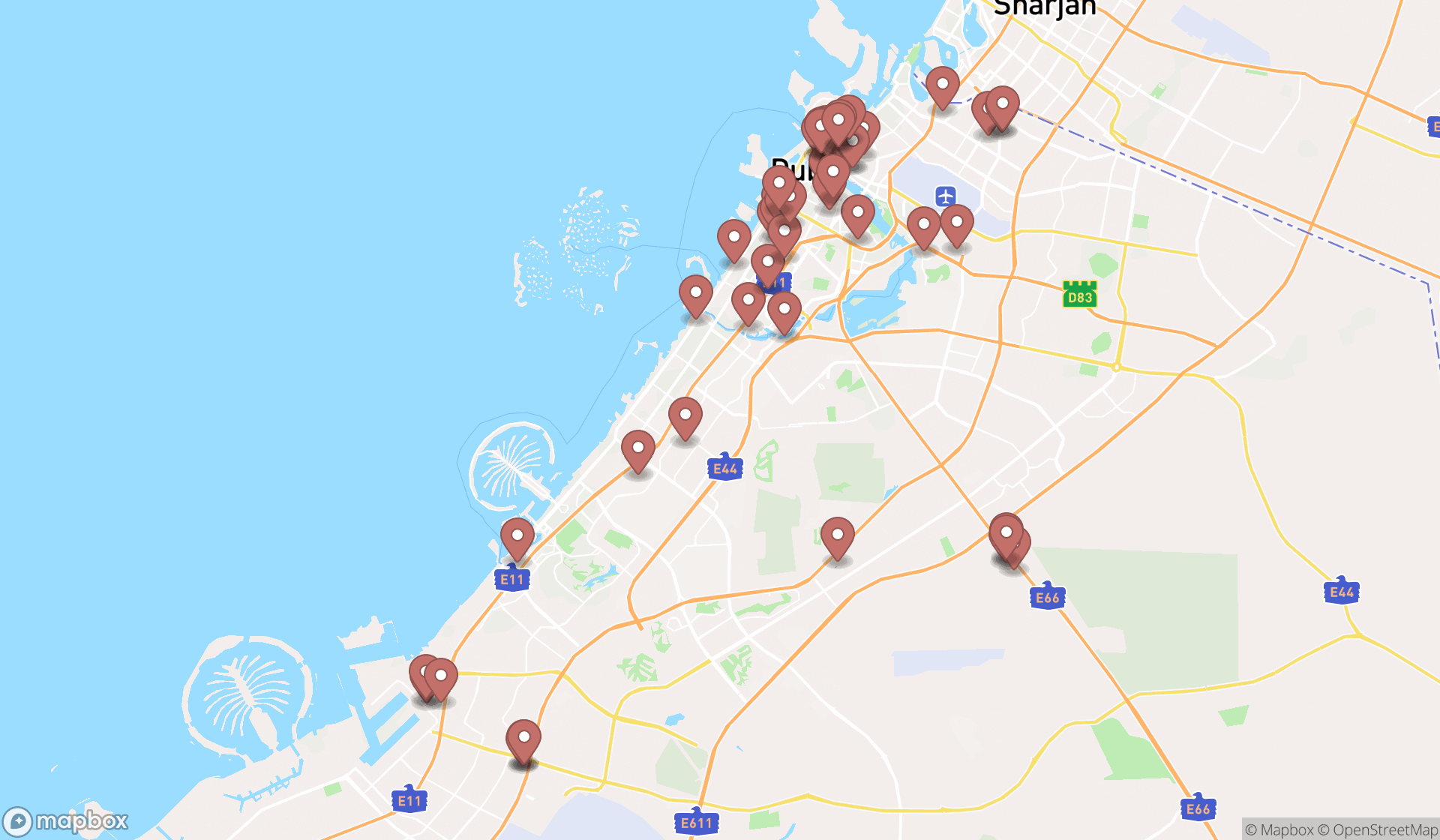 Map showing the search results in Dubai