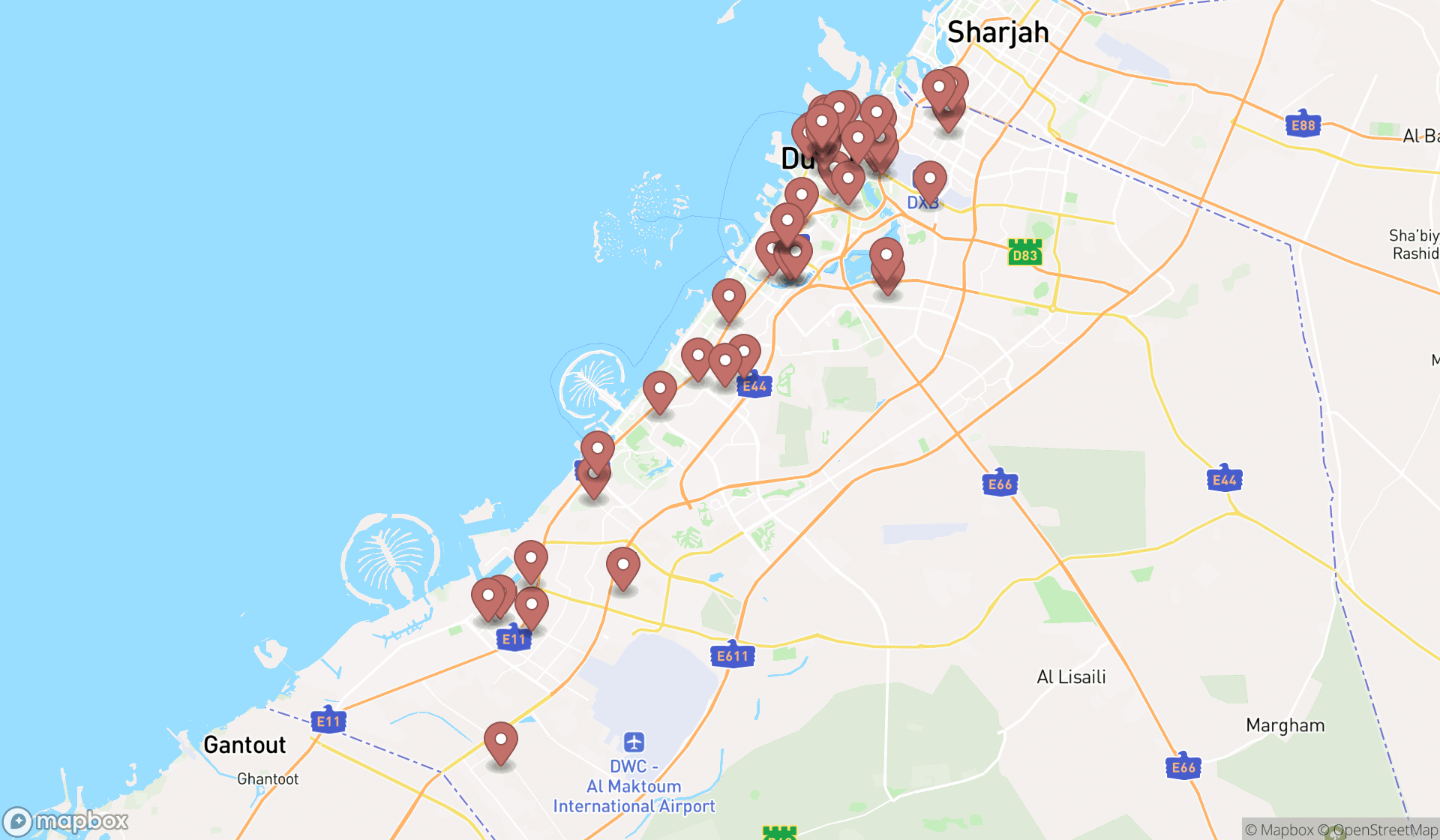 Map showing the search results in Dubai