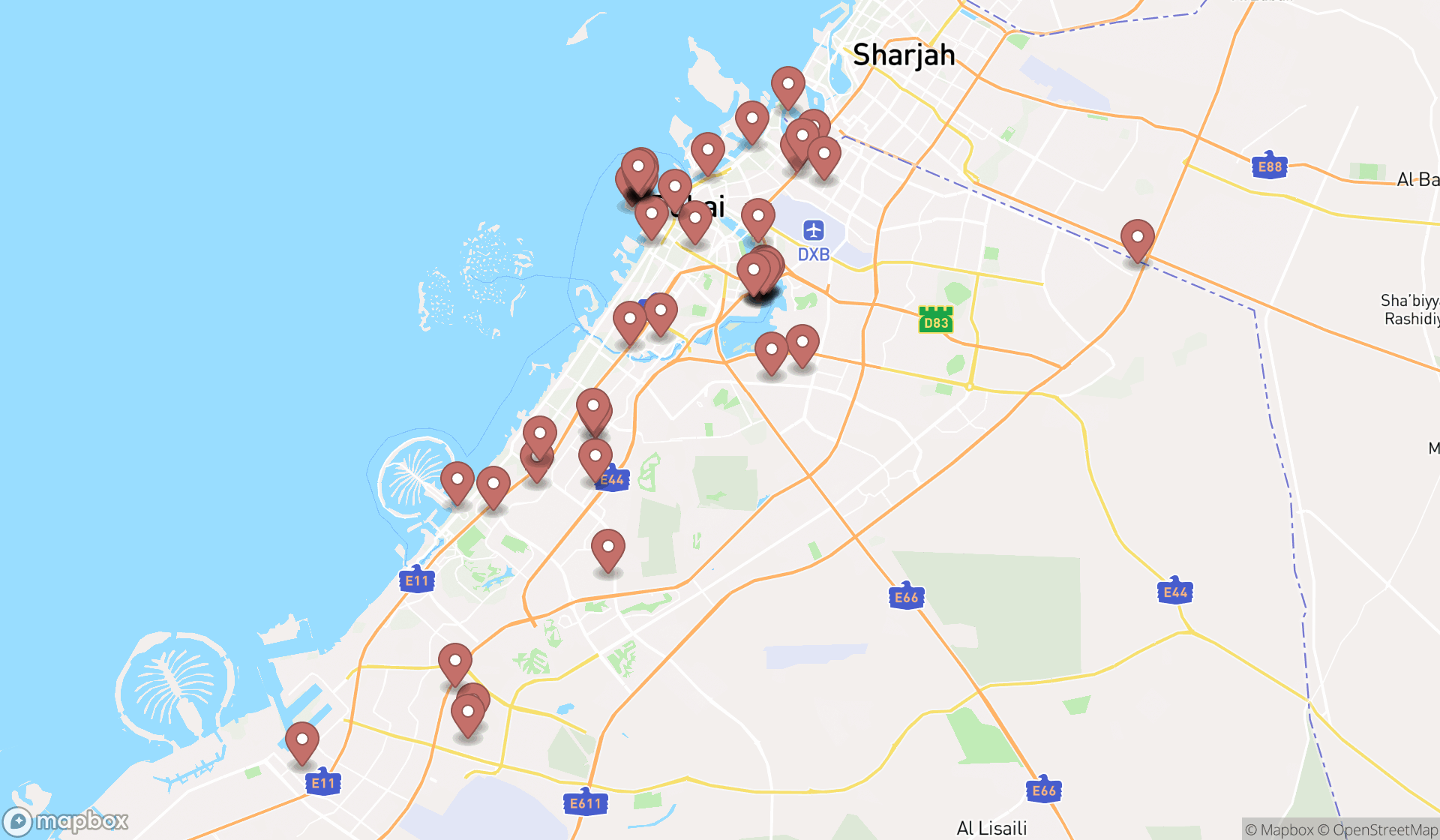 Map showing the search results in Dubai