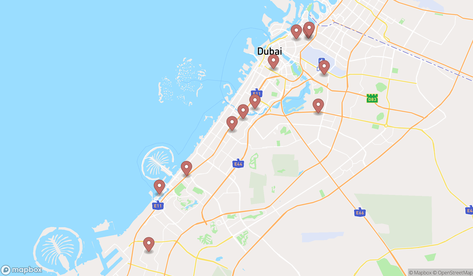 Map showing the search results in Dubai
