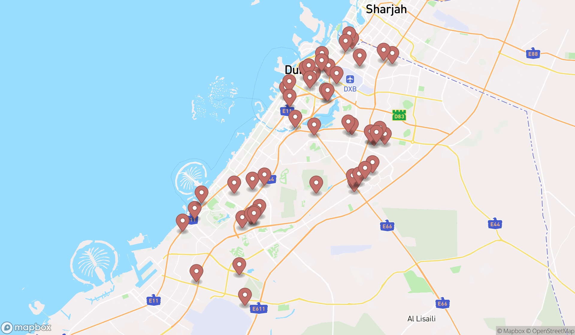 Map showing the search results in Dubai