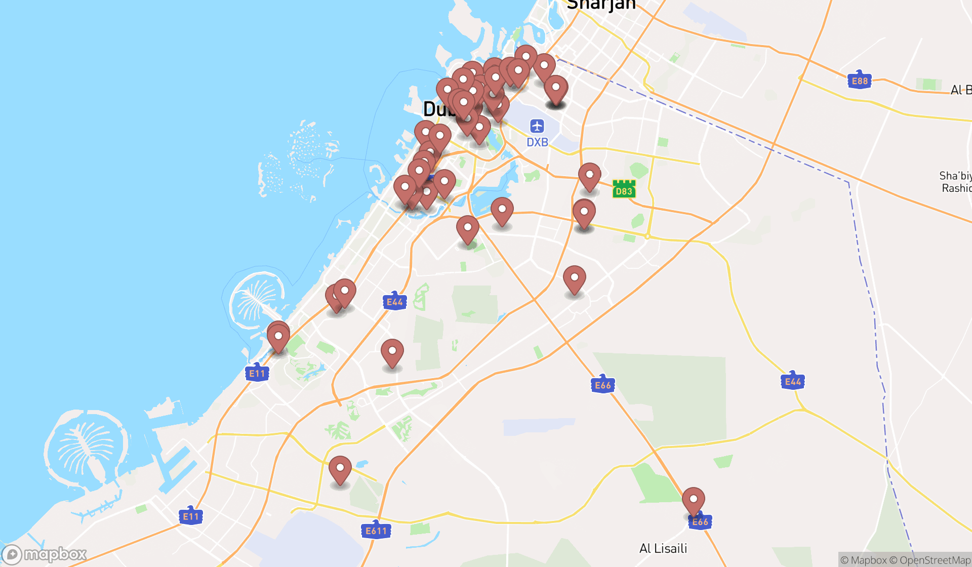 Map showing the search results in Dubai