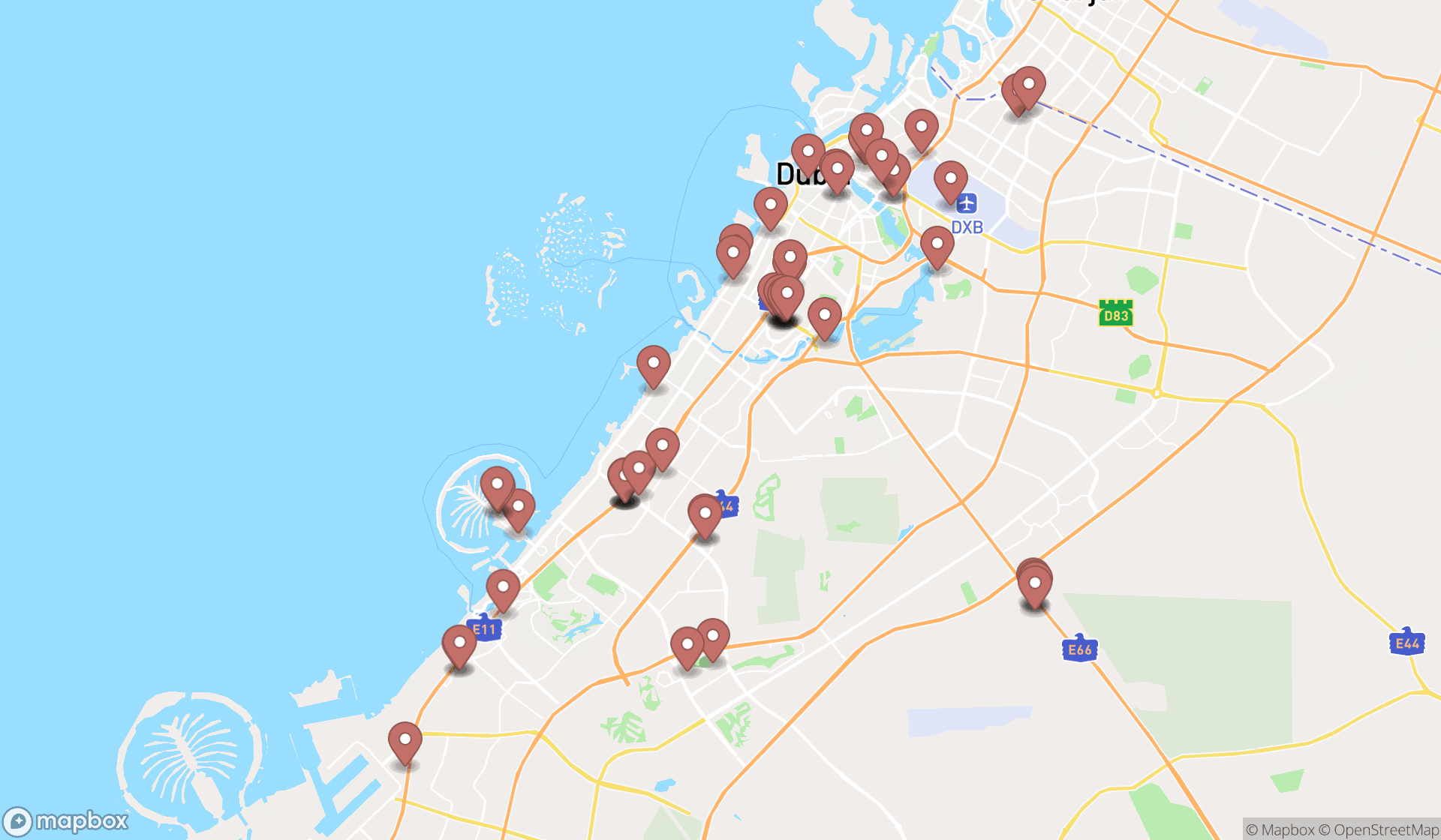 Map showing the search results in Dubai