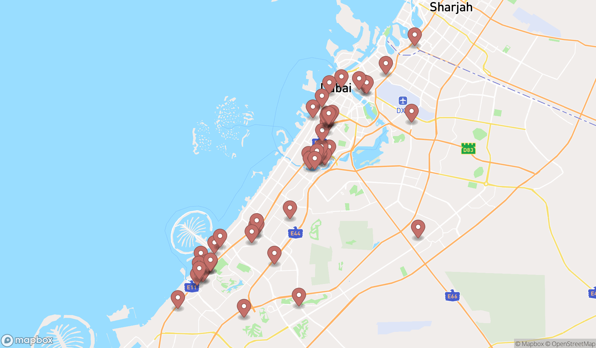 Map showing the search results in Dubai