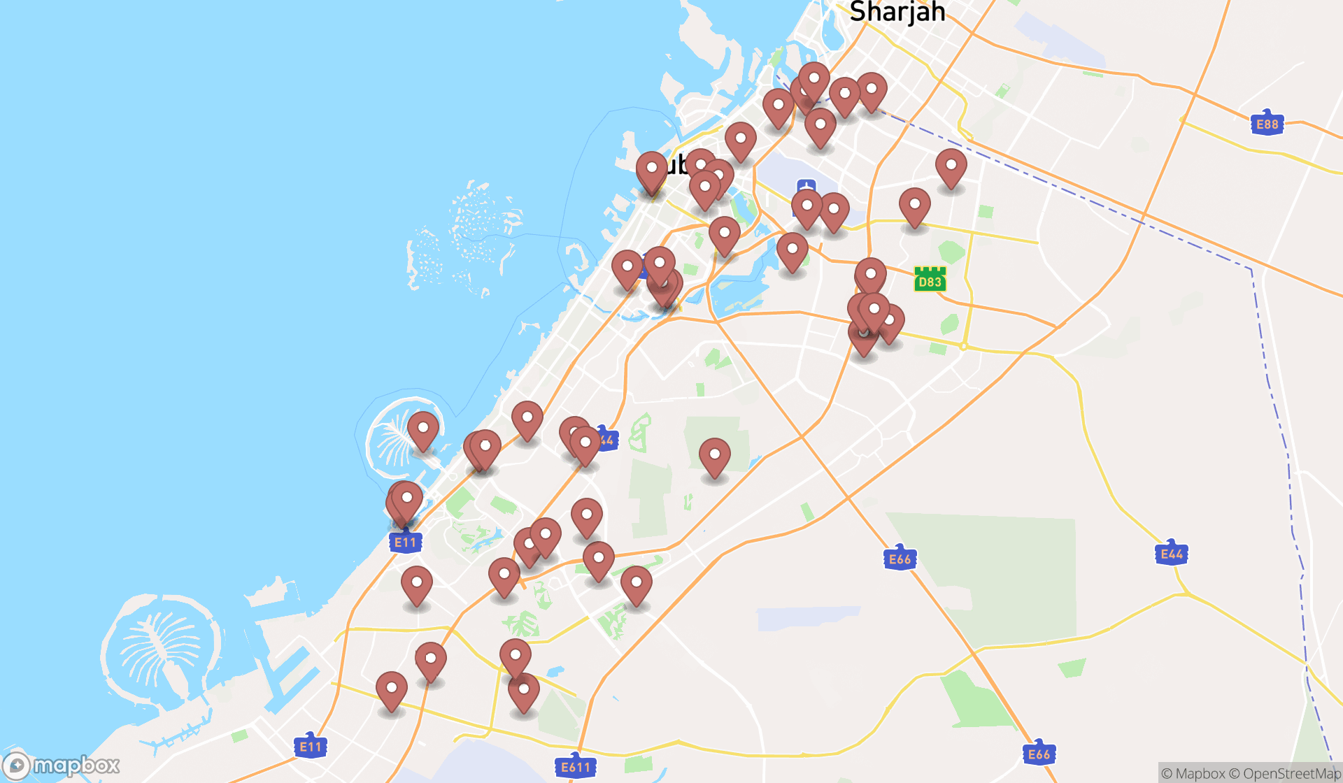 Map showing the search results in Dubai
