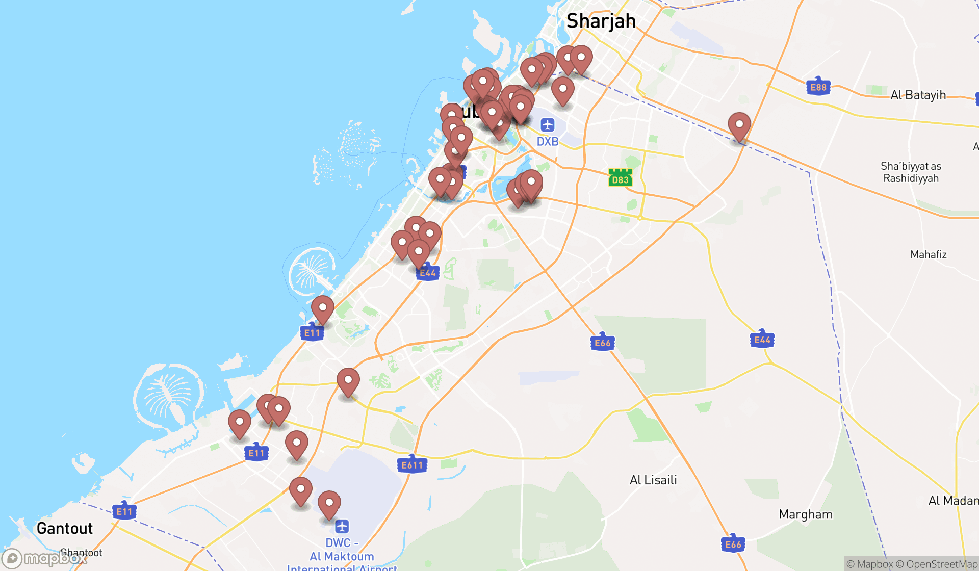 Map showing the search results in Dubai