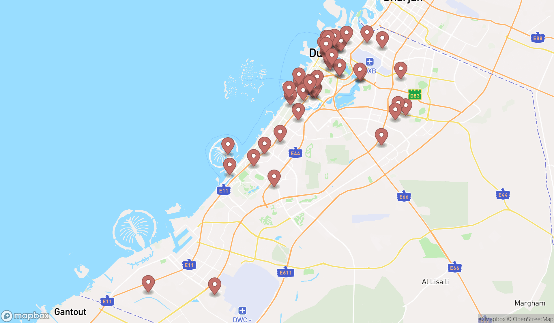 Map showing the search results in Dubai