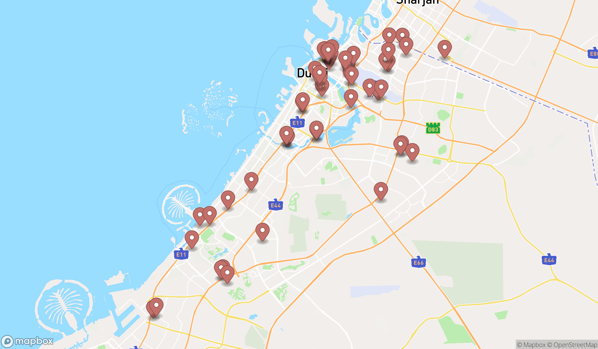 Map showing the search results in Dubai