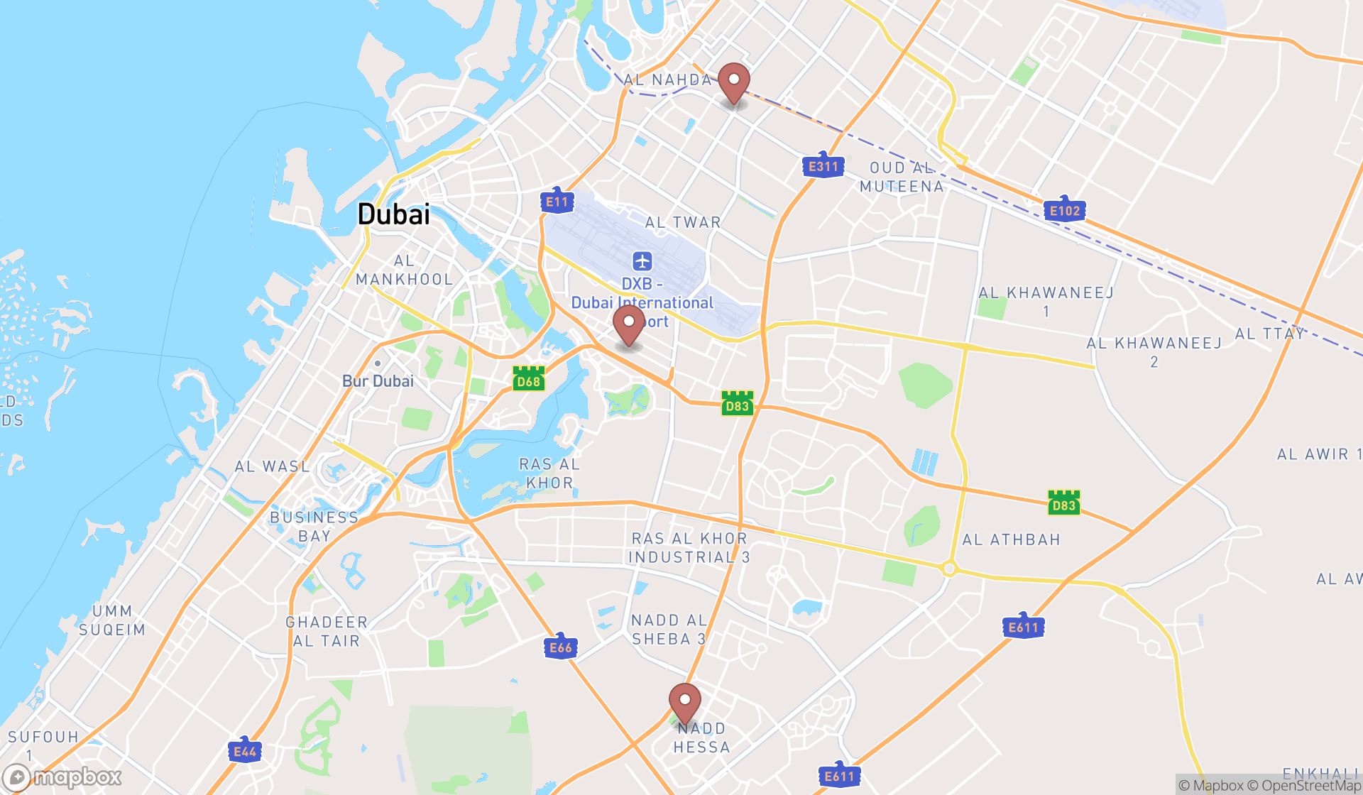 Map showing the search results in Dubai