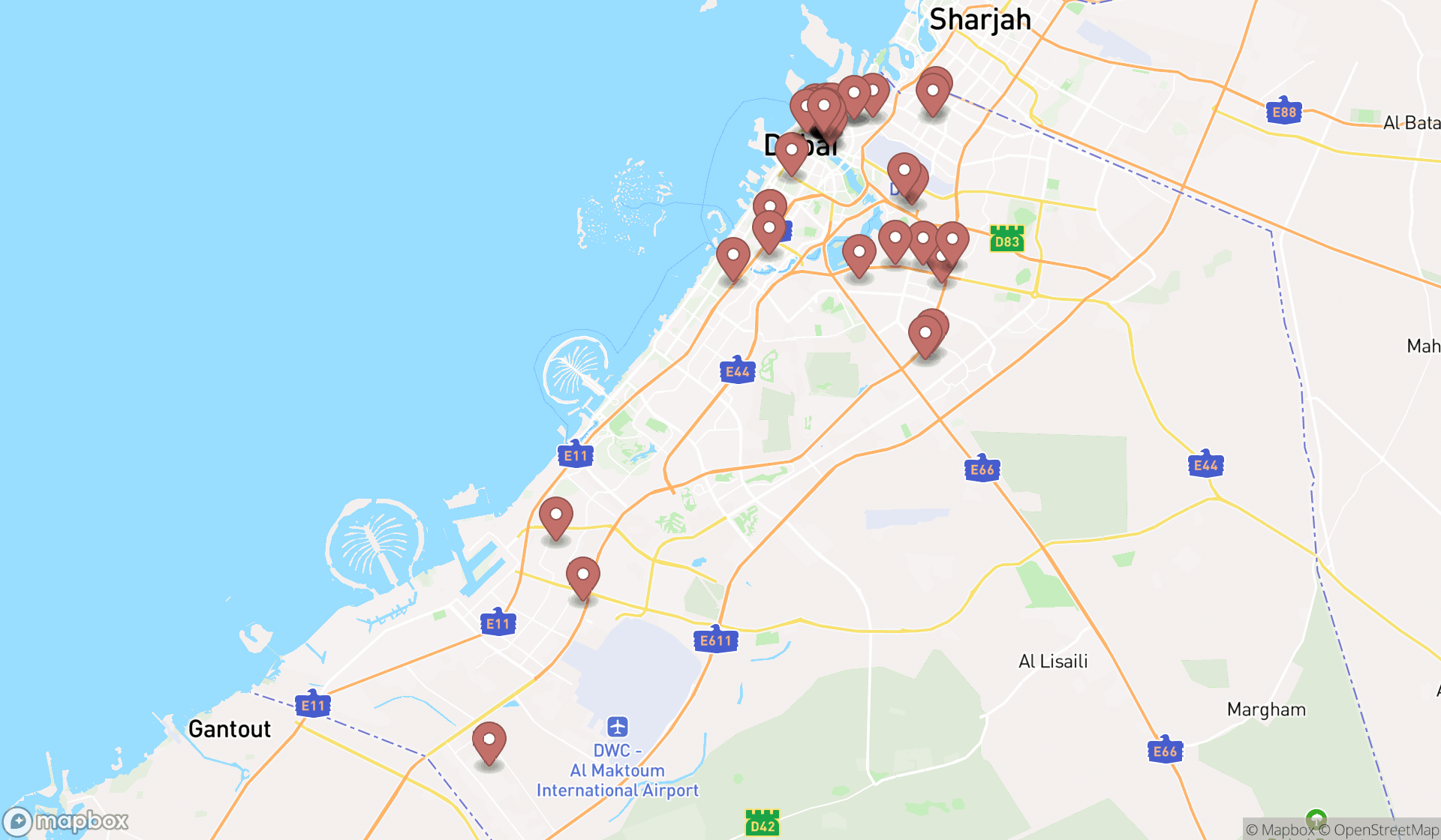 Map showing the search results in Dubai