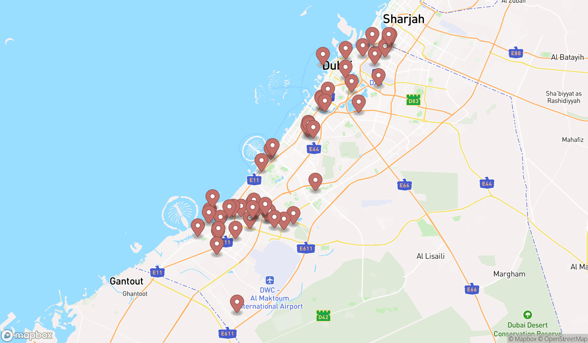 Map showing the search results in Dubai