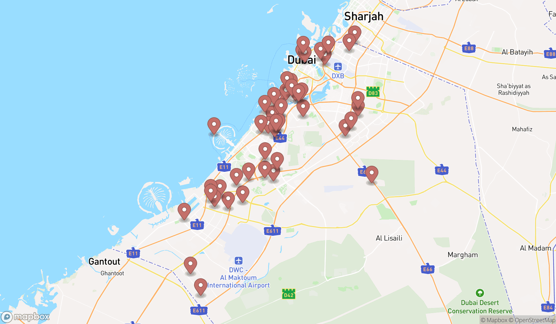 Map showing the search results in Dubai